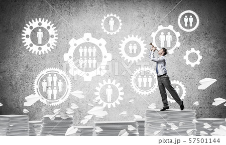 Happy businessman playing fife. 57501144