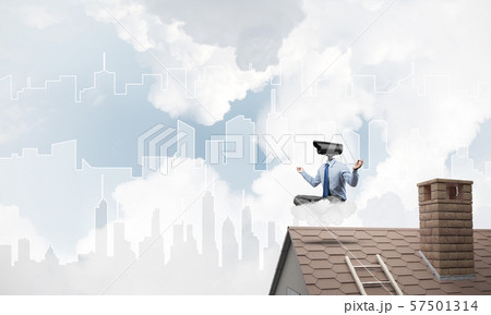 Concept of security and privacy protection with camera headed man meditating 57501314