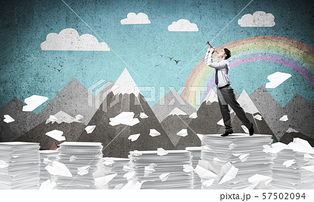 Happy businessman playing fife. 57502094