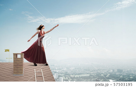 Concept of freedom and happiness with girl enjoying this life. Mixed media 57503195