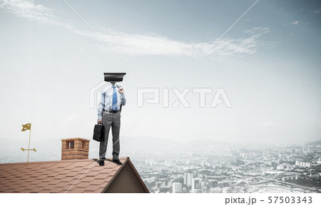 Concept of home security and privacy protection with camera headed man Concept of home security and privacy protection with camera headed man 57503343