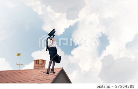 Concept of security and privacy protection with camera headed woman 57504589