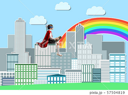 Girl power concept with cute kid guardian against drawn cityscape background. Mixed media Girl power concept with cute kid guardian against drawn cityscape background. Mixed media 57504819
