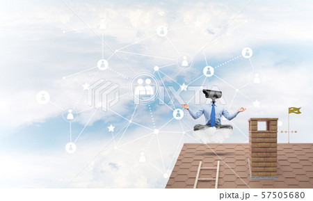Concept of security and privacy protection with camera headed man meditating Concept of security and privacy protection with camera headed man meditating 57505680
