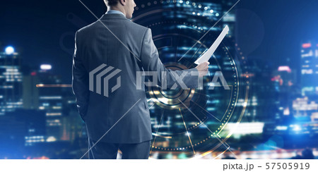 Digital background with infographs and man extending papers or contract 57505919