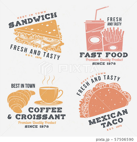Set of fast food retro badge design. Vintage design with sandwich, coffee, taco, croissant for pub Set of fast food retro badge design. Vintage design with sandwich, coffee, taco, croissant for pub 57506590