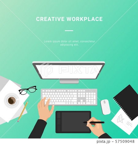 Vector flat creative workplace with computer, hand Vector flat creative workplace with computer, hand 57509048