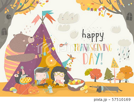 Cute kids celebrating Thanksgiving day with animals in a teepee tent 57510169