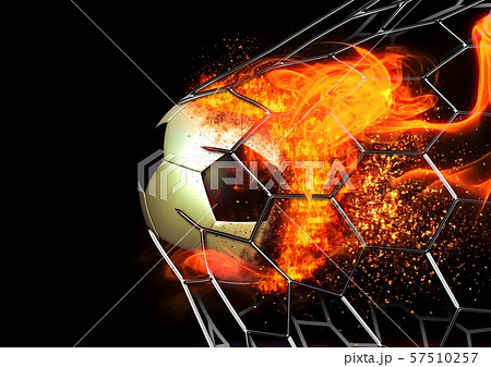 ゴールネットを突き破る炎のサッカーボールのイラスト素材