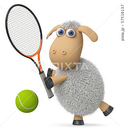 3d Illustration Funny Sheep Play Tennisのイラスト素材