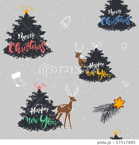 Stylish Merry Christmas seamless pattern with tree, lettering, deer, toys in vector. for wallpapers 57517885