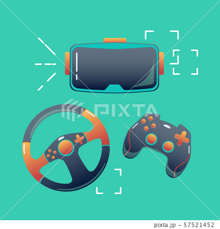 console eSports set on the background of VR glasses, gamepad and wheel, vector flat concept console eSports set on the background of VR glasses, gamepad and wheel, vector flat concept 57521452