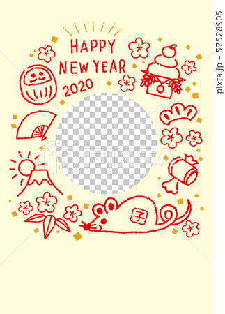 フォトフレーム年賀状 2020年 子年 縁起物色々とネズミ 赤と黄色 文字なし フォトフレーム年賀状 2020年 子年 縁起物色々とネズミ 赤と黄色 文字なし 57528905