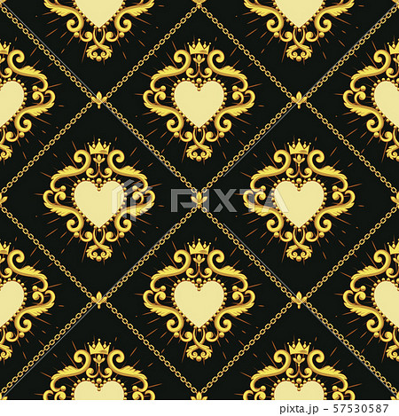 Sacred heart and golden chain on dark brown background. Seamless pattern. Vector illustration Sacred heart and golden chain on dark brown background. Seamless pattern. Vector illustration 57530587