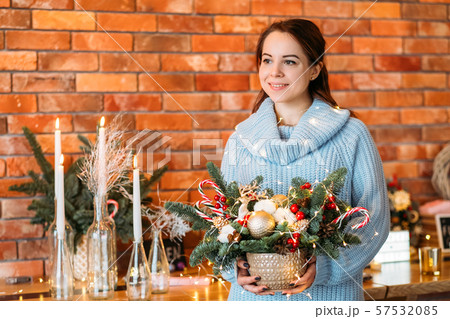 winter holiday gift portrait lady fir tree candles 57532085
