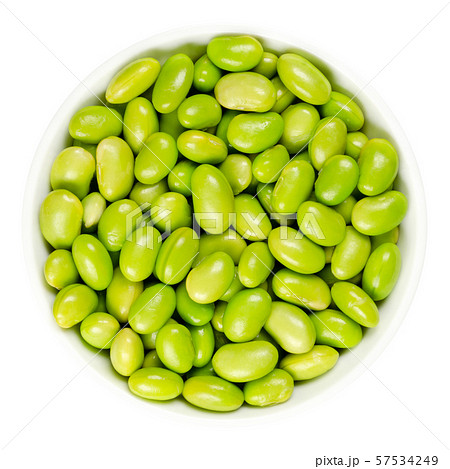 Edamame. Green soybeans in white bowl Edamame. Green soybeans in white bowl 57534249