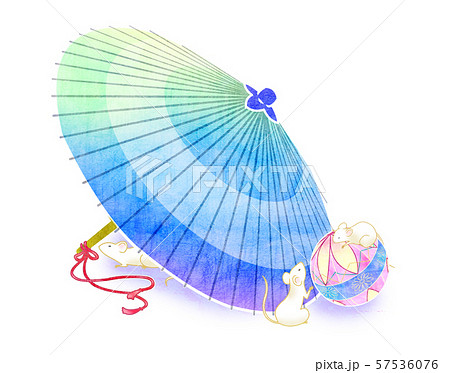 和傘と毬とネズミのイラスト素材