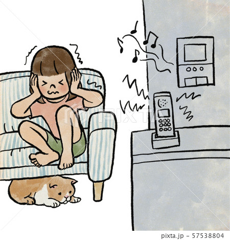 留守番中にかかってきた電話にビビる女の子のイラスト素材