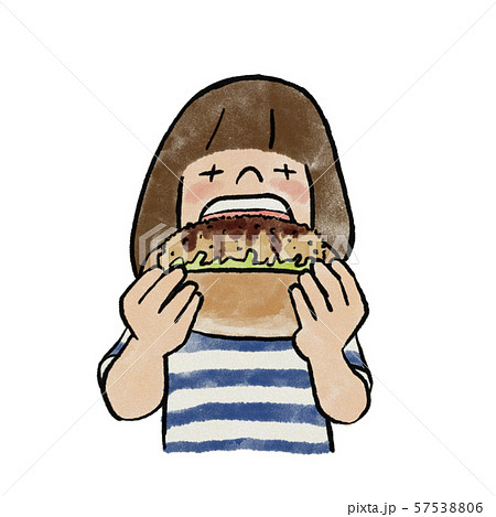 メンチカツパンを食べる女の子のイラスト素材