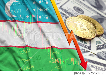 Uzbekistan flag and cryptocurrency falling trend 57542005