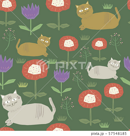 シームレス 猫と花のイラスト素材