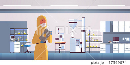 scientific researcher holding barrel with warning sign woman in protective suit working with 57549874