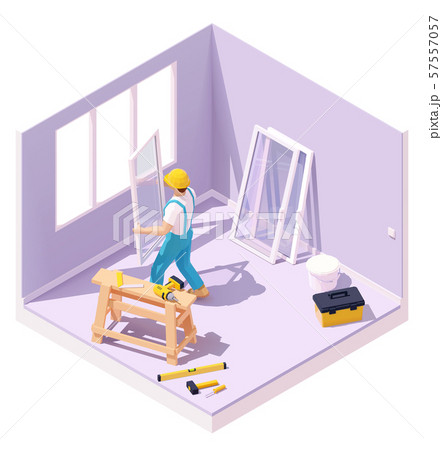 Vector isometric worker at windows installation 57557057