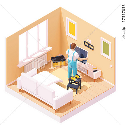 Vector isometric man at TV installation 57557058