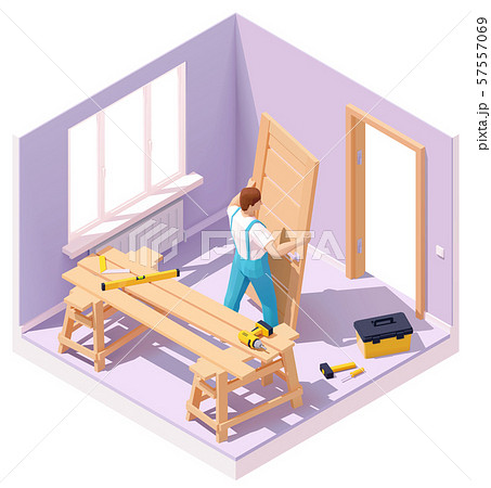 Vector isometric worker at door installation Vector isometric worker at door installation 57557069