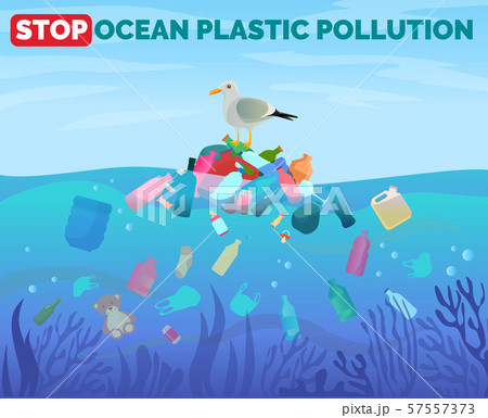 Stop ocean plastic pollution poster in paper cut style. Plastic bag  silhouette carved from cardboard whith marine life and single used plastic  spoons, fork, bottle tube toothbrush. Vector eco concept Stock Vector