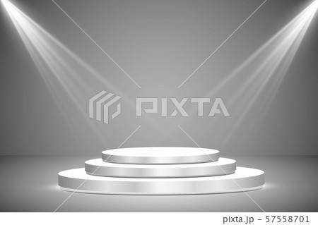 Round podium, pedestal or platform illuminated by spotlights on grey background. Stage with scenic 57558701