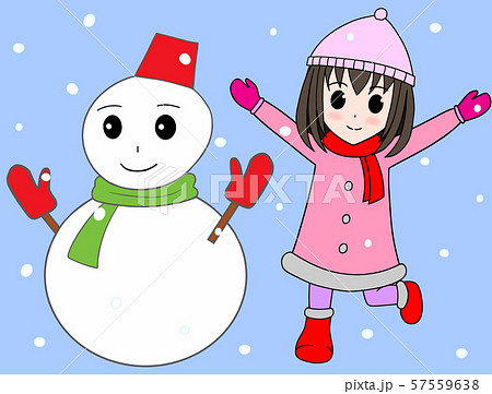 雪だるまと女の子 雪 のイラスト素材