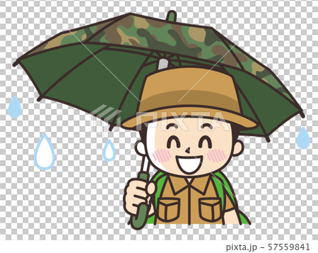 Boy with a child exploration team smiling with a camouflage umbrella 57559841
