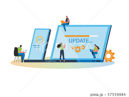 System updates with people updating operation in computing and installation programs. Flat vector illustration modern character design. For a landing page, banner, flyer, poster, web page. System updates with people updating operation in computing and installation programs. Flat vector illustration modern character design. For a landing page, banner, flyer, poster, web page. 57559984