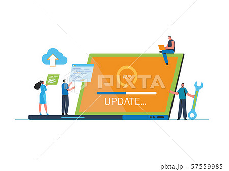 System updates with people updating operation in computing and installation programs. Flat vector illustration modern character design. For a landing page, banner, flyer, poster, web page. 57559985