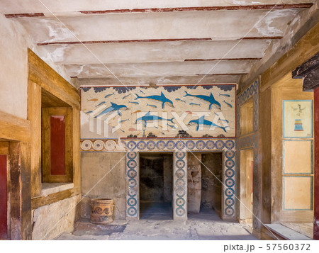 Old walls with Dolphin fresco, symbol of minoan Old walls with Dolphin fresco, symbol of minoan 57560372