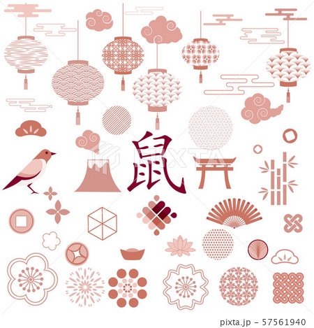 Set of japanese and chinese icons. Tree, Bamboo, Flowers, Wave, Fan, Cloud, Mount Fuji, Cherry Blossom. Chinese lanterns with patterns in modern style, geometric decorative ornaments 57561940