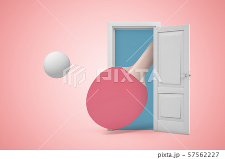 3d rendering of big ping-pong racket and ball emerging from open door on pink background. 57562227