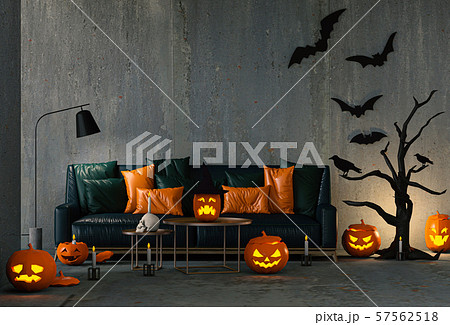 3D render Halloween party in living room  with pumpkins, jack-o-lantern 57562518