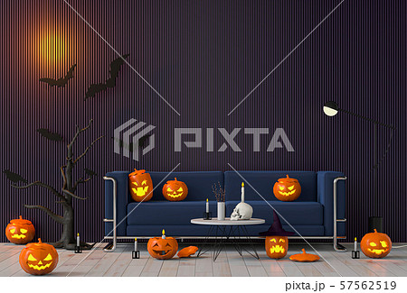 3D render Halloween party in living room with pumpkins, jack-o-lantern 3D render Halloween party in living room with pumpkins, jack-o-lantern 57562519