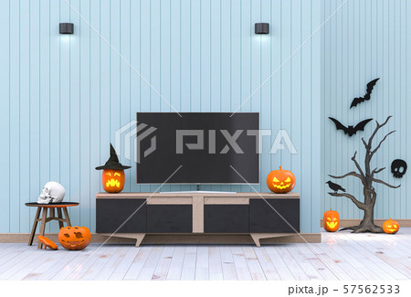3D render Halloween party in living room  with pumpkins, jack-o-lantern 57562533