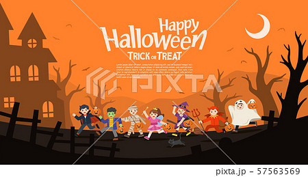Children in Halloween fancy dress to go Trick or Treating. 57563569