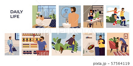 Man activities scenes. Cartoon hand drawn young man character leisure, work and routine. Vector 57564119