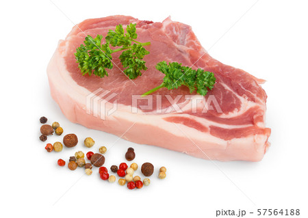 sliced raw pork meat with parsley and peppercorn isolated on white background 57564188