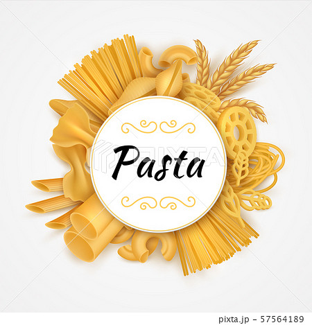 Pasta background. Realistic Italian cuisine dry macaroni types, raw wheat food and flour products 57564189
