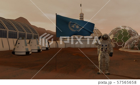 3D rendering. Colony on Mars. Astronaut saluting 57565658
