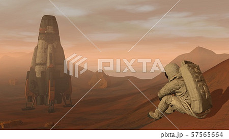 3D rendering. Colony on Mars. Astronaut sitting on 57565664