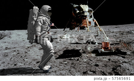 3D rendering. Astronaut walking on the moon. CG 3D rendering. Astronaut walking on the moon. CG 57565691