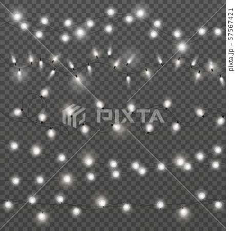 Lights garlands. Christmas glowing white lamps, xmas holidays lighting decor. Light bulbs on festive 57567421