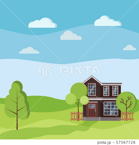 Summer or spring landscape with rural two storey house with wooden fences. 57567726